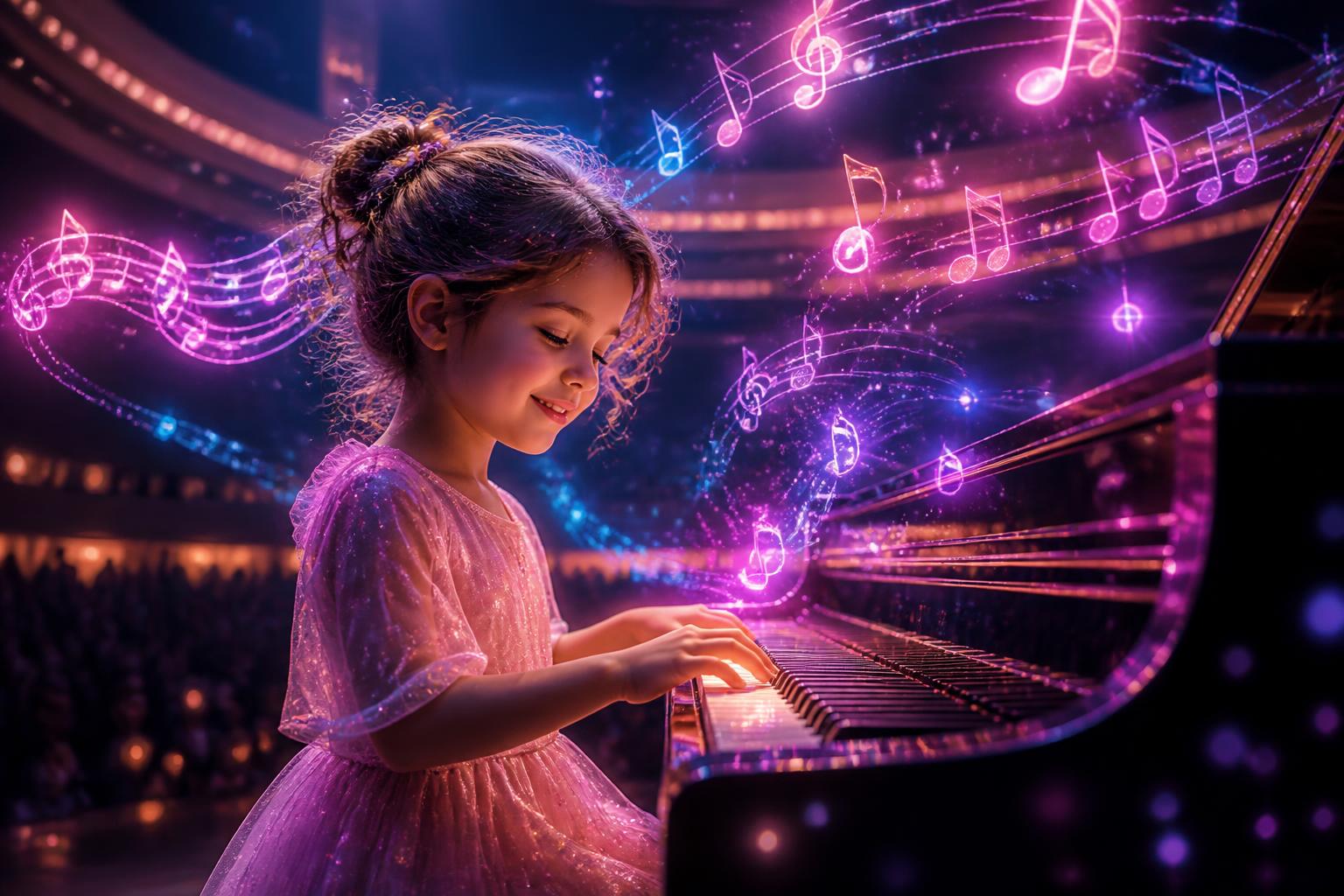 A child interacting with glowing orbs of music, theater, and digital art in a sci-fi learning space